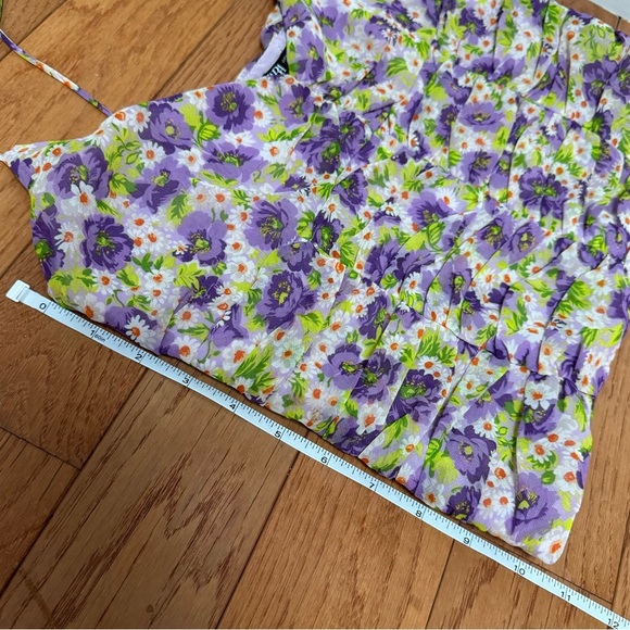 Zara Floral Rouched Cropped Spaghetti Strap Tank Top Purple/Green Size Medium - Picture 7 of 7